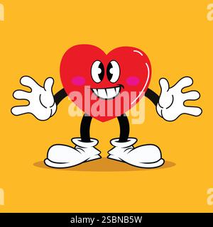 Grooviger Comic Heart masco. Lustige Zeichentrickfigur. Trendige Aufkleber im Retro-Stil der 1940er Jahre. Illustration des flachen Vektors. Stock Vektor