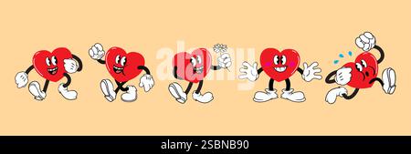 Grooviges Comic-Herz-Maskottchen-Set. Lustige Zeichentrickfigur in verschiedenen Posen. Trendige Aufkleber im Retro-Stil der 1940er Jahre. Illustration des flachen Vektors. Stock Vektor