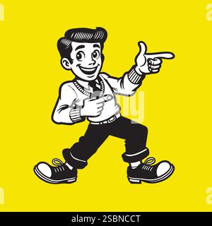 1950er Jahre Anzeigen Zeichentrickmaskottchen eines Vintage-Mannes in einem Anzug mit zeigender Geste, Vektor-Clipart, isoliert auf Gelb Stock Vektor