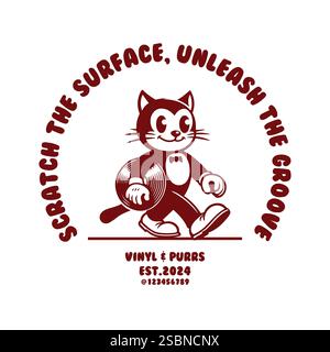 Vintage-Zeichentrickfigur einer Katze, die eine Schallplatte hält. Symbol für Musik-Streaming-Dienst, Logo für Recording Store. Retro-Comic-Design Stock Vektor