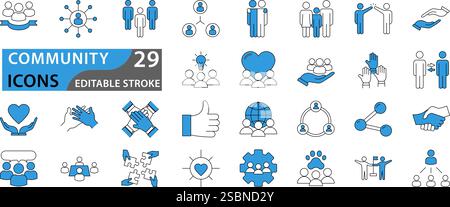 Community-Symbolgruppe. Menschen, Freundschaft, Soziales, Vielfalt, Dorf, Symbole für Beziehungen, Unterstützung und Community-Entwicklung. Symbolkollektion festlegen Stock Vektor