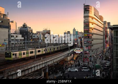 Japan, Honshu, Tokio, Ueno, Blick auf einen Zug der Yamanote-Linie, der in den Bahnhof Ueno einfährt, und den Eingang zum Ameyayokocho-Markt Stockfoto