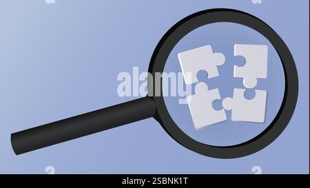Lupe fokussiert auf Puzzle, abstrakte Vektorillustration auf blauem Hintergrund, Kopierraum Stock Vektor