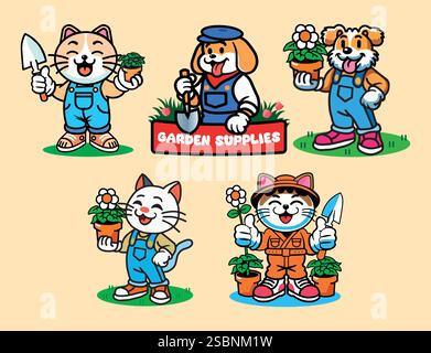 Lustiges Set von Cartoon-Maskottchen für die Gartenarbeit einer Katze und eines Hundes in Schürze, die eine Blume in einem Topf halten und lächeln. Vektoremblem, Stickerdesign Stock Vektor