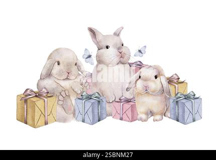 Bezaubernde Aquarellillustration drei Häschen umgeben von bunten Geschenkboxen und zarten Schmetterlingen. Das skurrile Design ist ideal für festliche Anlässe, Grußkarten oder Kinderdekorationen Stockfoto