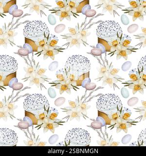 Nahtloses Aquarellmuster illustrierte Osterkuchen mit Zuckerguss, verzierte Eier und Frühlingsblumen, Narzissen und Weidenzweige. Ideal für Weihnachtsmotive, Geschenkverpackungen und Stoffdrucke. Stockfoto