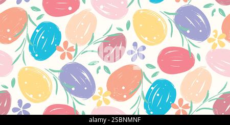Farbige Eier, Blumen und Kräuter nahtlose Muster. Pastellfarbener zarter Osterhintergrund. Strukturierter Buntstiftdruck für Textil, Papier, Verpackung und Design Stock Vektor