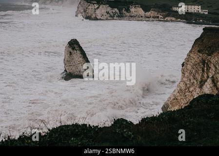 Eine felsige Küste mit einem großen Felsen mitten im Wasser. Die Wellen stürzen gegen die Felsen und schaffen eine mächtige und dramatische Szene. Konz Stockfoto