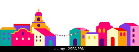 Farbenfrohe Illustration von mexikanischer, lateinamerikanischer Straße, Dorfhäusern, Feuerwerk, Cinco de Mayo-Feier Stock Vektor