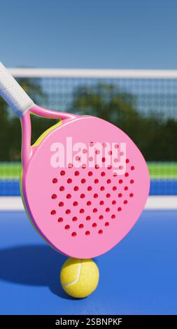 Ein knalliges pinkfarbenes Paddelspiel auf einem Tennisball, vor einem klaren blauen Himmel und Tennisplatz Hintergrund. 3D-Rendering Stockfoto