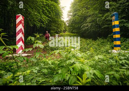 Polen, Präkarpaten, Ustrzyki Górne, Nationalpark Bieszczady, Spaziergang entlang des Ukrainisch-polnischen Grenzkorridors zum Wyżniańska-Pass in Krzemieniec, dem Treffpunkt Polens mit der Slowakei im Süden und der Ukraine im Osten Stockfoto