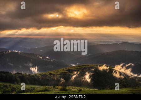 Polen, Präkarpaten, Ustrzyki Górne, Nationalpark Bieszczady, Sonnenaufgang am Schutzgebiet Połoniny Wetlińska, Berehy Górne (Brzegi Górne) Stockfoto
