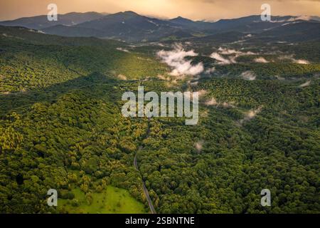 Polen, Präkarpaten, Ustrzyki Górne, Nationalpark Bieszczady, Sonnenuntergang über dem Tal von Ustrzyki Górne, touristische Hauptstadt der Region Präkarpaten, von der aus viele Entdeckungen möglich sind, aus der Vogelperspektive Stockfoto