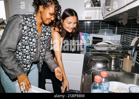 Lächelnde junge Frau, die weibliche Mitbewohnerin bei der Arbeit in der Wohnzimmerküche hilft Stockfoto