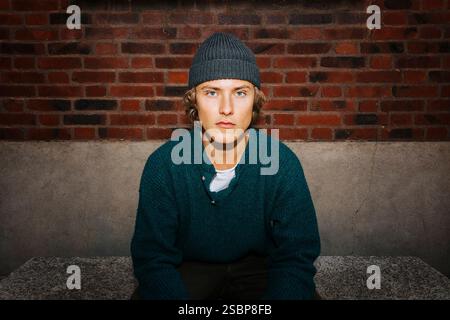 Porträt eines ernsten jungen Mannes mit Strickmütze, während er auf einer Bank gegen eine Ziegelwand sitzt Stockfoto