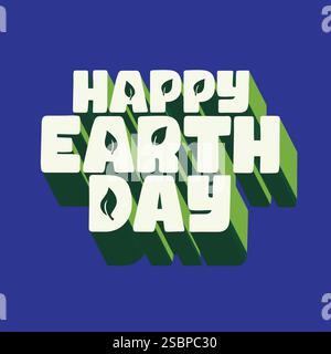 Kreatives Konzept der Happy Earth Day Typografie mit 3D-Text und Blättern auf blauem Hintergrund. 22. April, Grußkarte zum Erdentag, Banner, Poster Stock Vektor