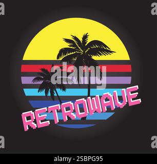 Retrowave Vektor-Illustration von Palmen gegen einen purpurroten Sonnenuntergang der 1980er Jahre Stock Vektor