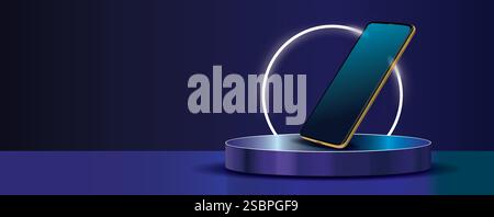 Runde blaue Plattform mit Smartphone, Produktständer, Kopierraum, 3D-Vektorillustration Stock Vektor