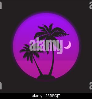 Retrowave-Illustration von Palmen gegen das violette 1980er Jahre Sonnenuntergang Vektorsymbol Stock Vektor