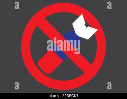 Anti-Kriegs-Konzept, rotes Verbotszeichen über der militärischen Luftrakete in den Farben der russischen Flagge. Stock Vektor