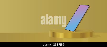 Runde goldene Plattform mit Smartphone, Produktständer, Kopierraum, 3D-Vektorillustration Stock Vektor