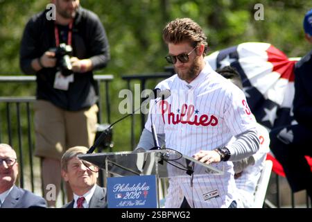 Phillies Right Fielder Bryce Harper nahm an der Special Announcement Teil, dass das Major League Baseball All Star Game 2026 am 16. April 2019 im Citizen's Bank Park in Philadelphia ausgetragen wird Stockfoto