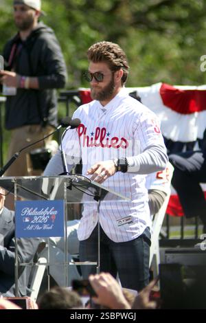 Phillies Right Fielder Bryce Harper nahm an der Special Announcement Teil, dass das Major League Baseball All Star Game 2026 am 16. April 2019 im Citizen's Bank Park in Philadelphia ausgetragen wird Stockfoto
