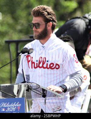 Phillies Right Fielder Bryce Harper nahm an der Special Announcement Teil, dass das Major League Baseball All Star Game 2026 am 16. April 2019 im Citizen's Bank Park in Philadelphia ausgetragen wird Stockfoto