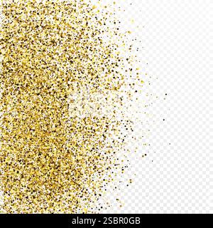 Goldener Glitzer-Konfetti-Hintergrund isoliert auf weißem transparentem Hintergrund. Feierliche Textur mit strahlendem Lichteffekt. Vektorabbildung. Stock Vektor