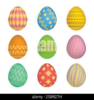 Set aus neun Ostereiern mit unterschiedlicher bunter Textur auf weißem Hintergrund. Vektorabbildung Stock Vektor