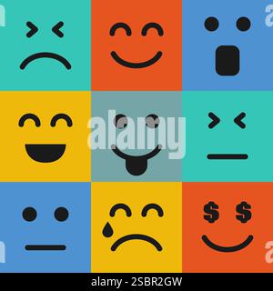 Set aus neun farbenfrohen Emoticons. Emoji-Symbol im Quadrat. Abgewickeltes Hintergrundmuster. Vektorabbildung Stock Vektor