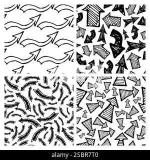 Nahtloses Muster mit schwarzen, handgezeichneten Pfeilen. Set aus vier kreativen abstrakten Hintergründen. Vektorabbildung Stock Vektor