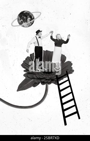 Vertikales kreatives Collage-Bild tanzender, energiegeladener, fröhlicher Großeltern, die mit der roten Gerbera Moonlight-Kletterleiter im Retro-Vintage-Stil arbeiten Stockfoto