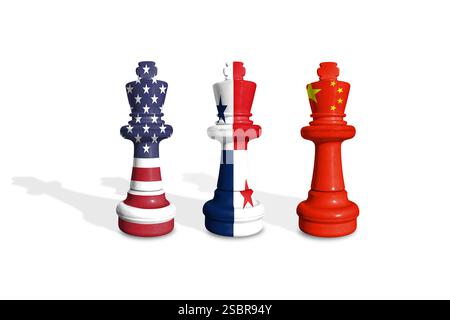 Schach aus US-, China- und Panama-Flaggen auf weißem Hintergrund Stockfoto