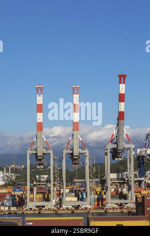 Hohe rote, weiße und graue Portalkrane und gestapelte rechteckige Transportcontainer aus Metall am Dock im Frachthafen La Spezia, Italien, Europa Stockfoto