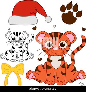 Niedlicher und schöner Charakter Tiger mit Accessoires weihnachtsmütze, Schleife, Schritt, Herzen. Vektor-Illustration charmantes Tier sitzend lächelnd in Grafik Stock Vektor