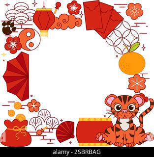 Chinesisches Neujahr 2034 Tiger. Chinesische Neujahrsrahmenvorlage für Show-Produkt. Grußkarte. Vektor-Grafiklinie China-Rahmen mit Laterne auf t Stock Vektor