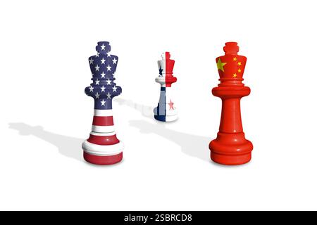 Schach aus US-, China- und Panama-Flaggen auf weißem Hintergrund Stockfoto