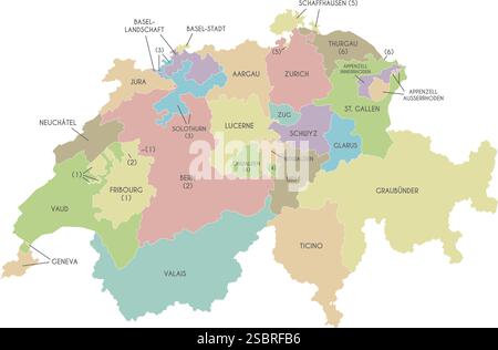 Vektor-Regionalkarte der Schweiz mit Kantonen oder Gebieten und Verwaltungseinheiten. Bearbeitbare und klar beschriftete Ebenen. Stock Vektor