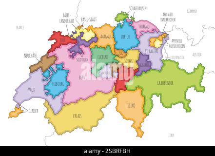 Vektor illustrierte Regionalkarte der Schweiz mit Kantonen und Verwaltungseinheiten sowie Nachbarländern und Gebieten. Editierbar und cle Stock Vektor