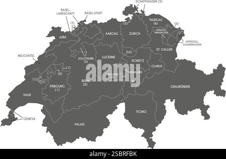 Vektor-Regionalkarte der Schweiz mit Kantonen oder Gebieten und Verwaltungseinheiten. Bearbeitbare und klar beschriftete Ebenen. Stock Vektor