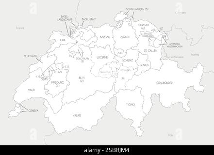 Vektor-Regionalkarte der Schweiz mit Kantonen und Verwaltungseinheiten sowie Nachbarländern und Gebieten. Bearbeitbar und eindeutig beschriftet Stock Vektor