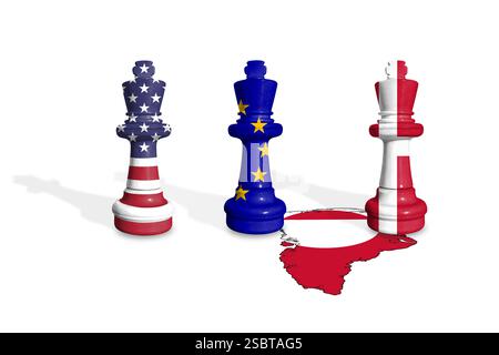 Schach aus USA, Dänemark und EU-Flaggen auf einer Grönlandkarte Stockfoto