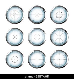 Chrom-Waffenvisiere, Scharfschützengewehr-optische Oszilloskope. Jagdpistole Sucher mit Fadenkreuz. Ziel, Symbol für die Schießmarke. Militärisches Zielschild, Silhouette Stock Vektor