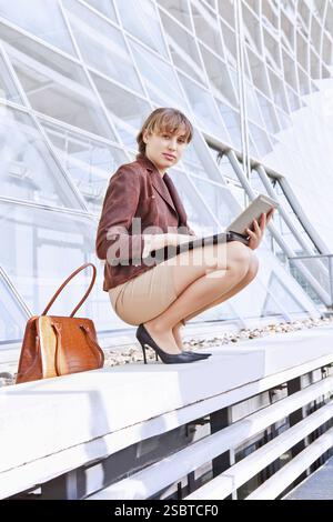 Junge Geschäftsfrau sitzt auf der Treppe, mit Laptop-computer Stockfoto