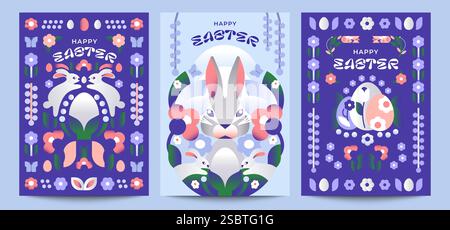 Frohe Ostern! 3 Illustrationen im skandinavischen Stil. Dekoratives, symmetrisches Design mit Häschen, Ostereiern und Blumenstrauß. Stock Vektor