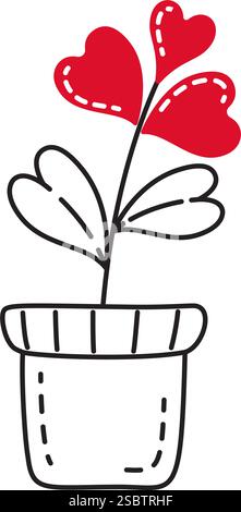 Blume in einem Topf Kritzelstil handgezeichnet trendy flache Stil Liebe isolierte Icon romantisches Symbol der Liebe für Web Grafik Design Poster Tattoo Valentinstag Grußkarte Linie Kunst Vektor Illustration Stock Vektor