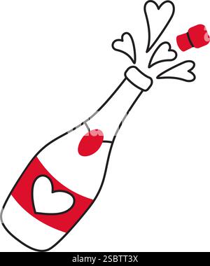 Champagnerflasche mit Kork und Spritzer Kritzelstil Hand gezeichnet flache Art Liebe isolierte Icon romantisches Symbol der Liebe für Design Poster Tattoo Valentinstag Karte Linie Kunst Vektor Illustration Stock Vektor