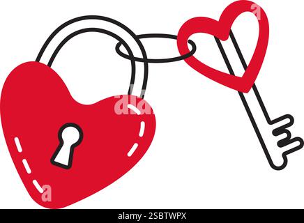 Herzförmiges Vorhängeschloss mit Schlüssel Kritzelstil handgezeichnet trendige flache Art Liebe isolierte Icon romantisches Symbol der Liebe für Web Grafik Design Poster Tattoo Valentinstag Karte Linie Kunst Vektor Illustration Stock Vektor
