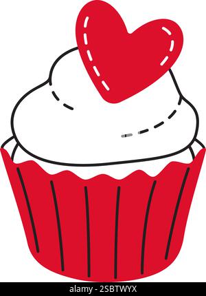 Cupcake mit Herz Doodle Stil Hand gezeichnet trendy flache Stil Liebe isolierte Icon romantisches Symbol der Liebe für Web Grafik Design Poster Tattoo Valentinstag Grußkarte Linie Kunst Vektor Illustration Stock Vektor